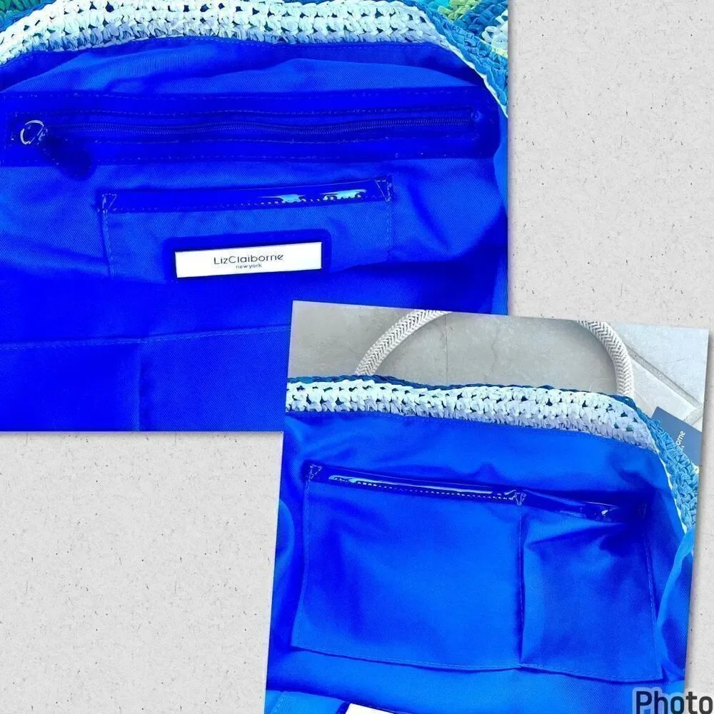 NWT Gorgeous Liz Claiborne Blue Green White Raffia Straw Big Tote Bag & pouch